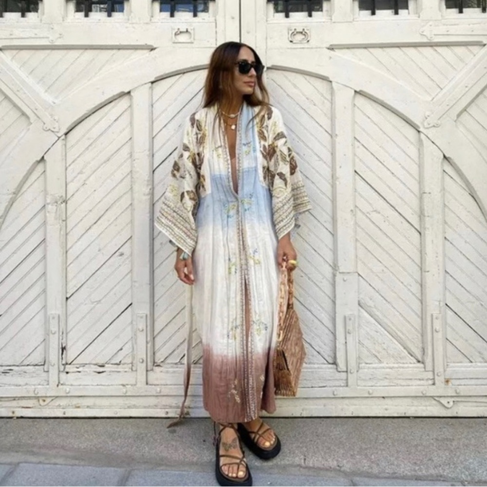 Zara Limited Edition Tie Kimono boho floral linen cotton embroidered bloggers m